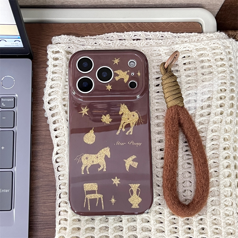 ins风秋冬鎏金闪粉小马挂绳适用16promax手机壳iPhone17苹果15/14