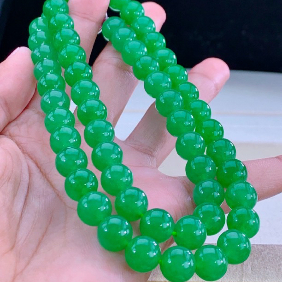 收藏级品质老坑老种缅甸天然翡翠A货满阳绿珠链典藏传承之选卡10