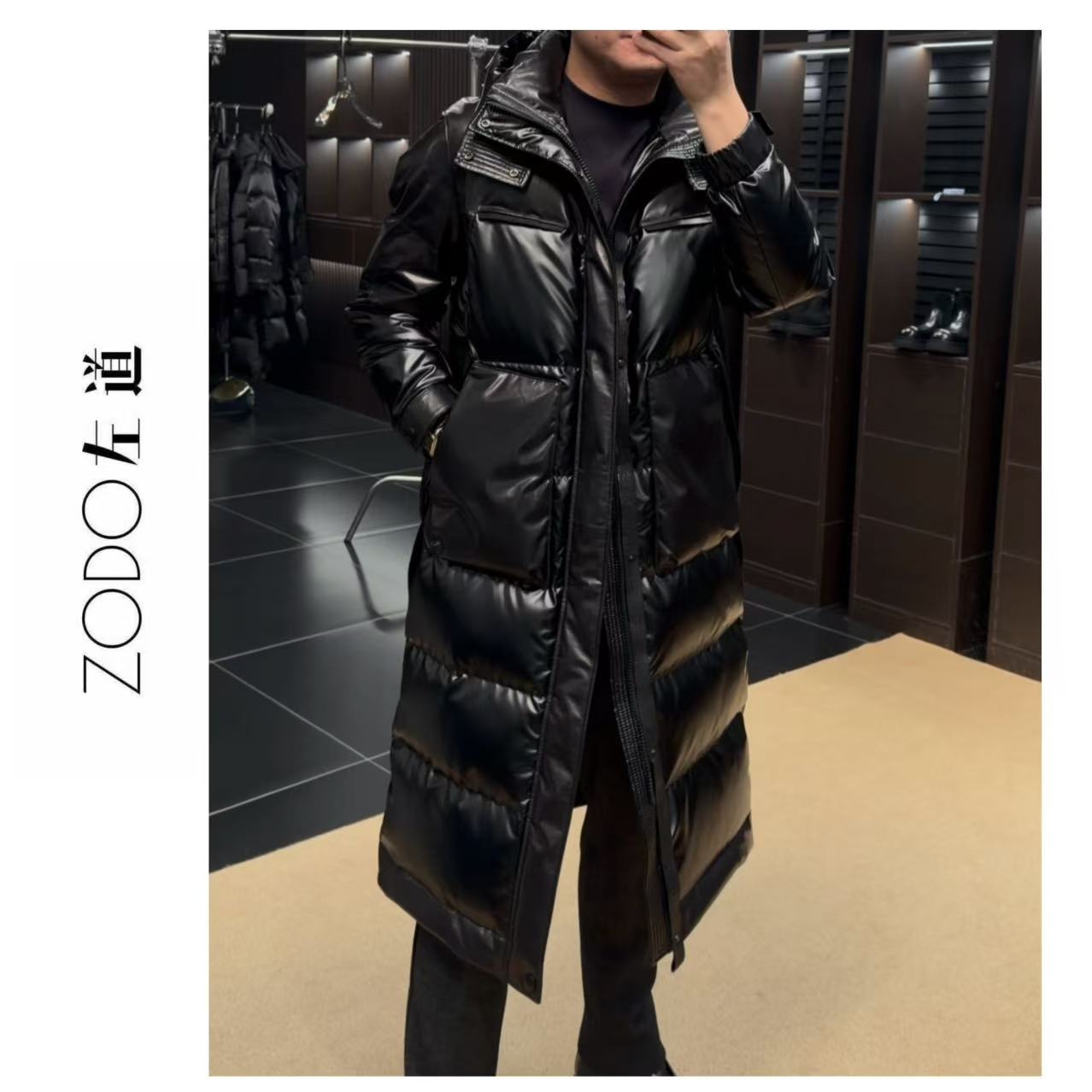 左道｜高奢面料配绵羊皮经典长款帽版羽绒服24-78-2