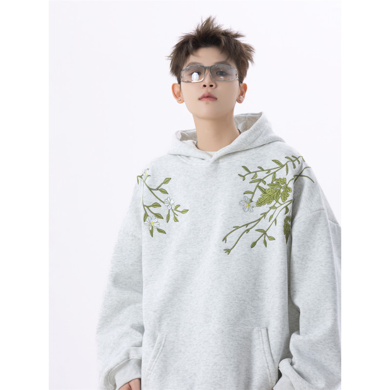 连帽休闲植物花卉秋季国潮刺绣宽松型卫衣男装套头美式情侣装外套