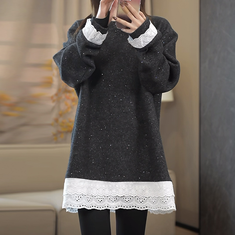 蕾丝拼接亮闪闪长袖T恤女2025洋气别致漂亮减龄假两件中长款上衣