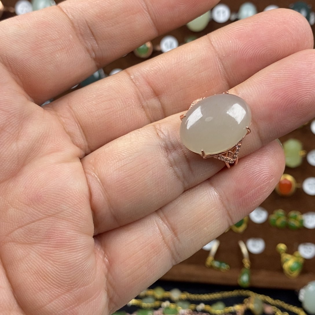 和田玉（青白玉）戒指银S925镀金镶嵌