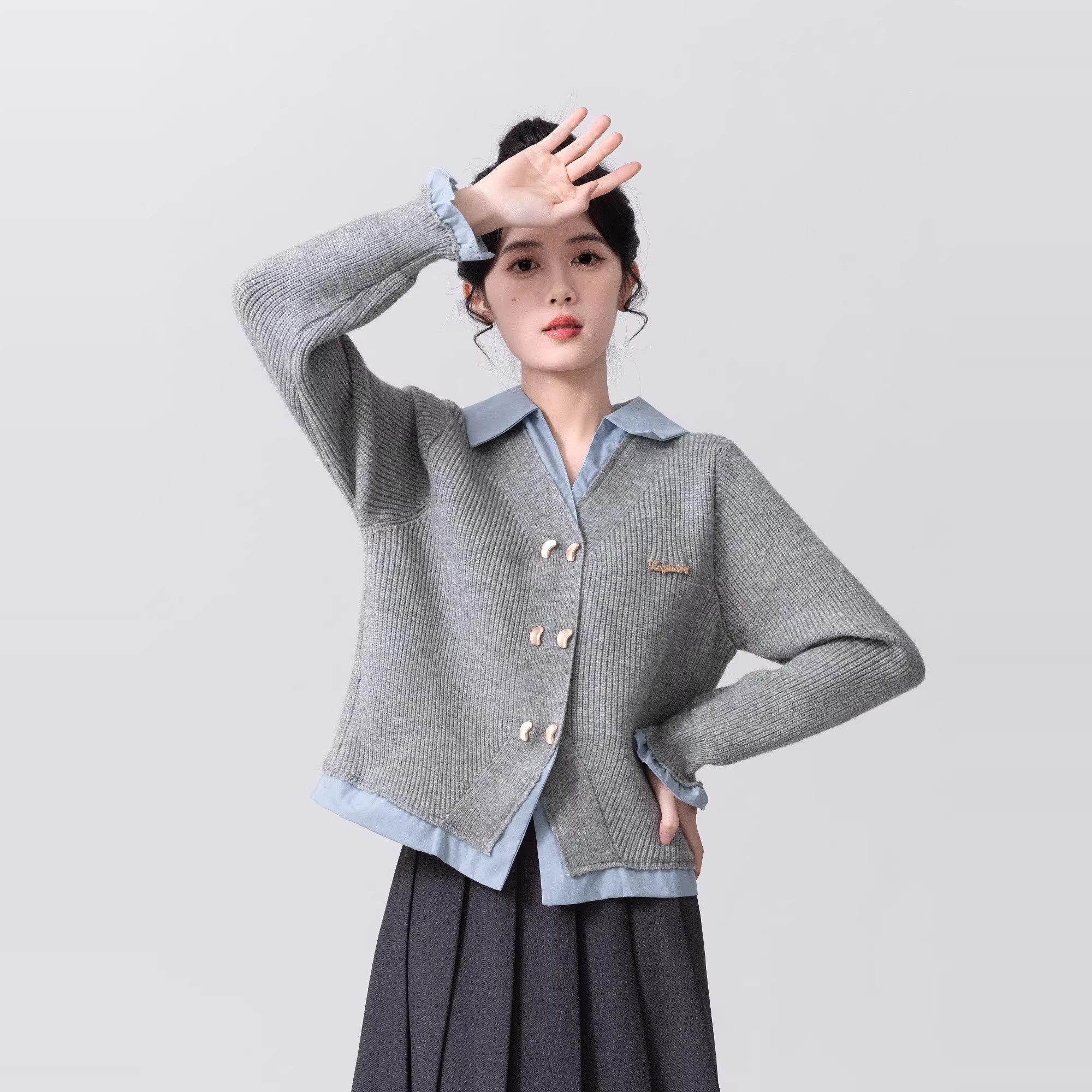 假两件上衣2025春秋新款毛衣外套女POLO领衬衫针织开衫上衣遮肉