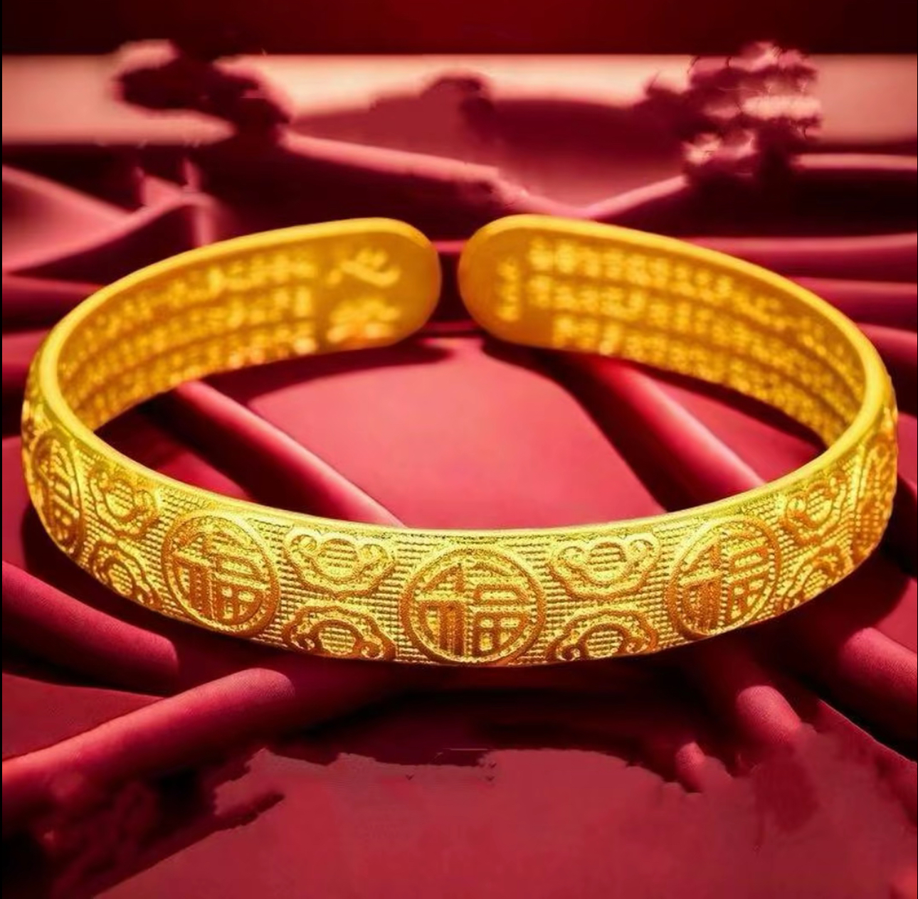 【满福心经手镯】开口古法雕花民族风实心百搭饰品