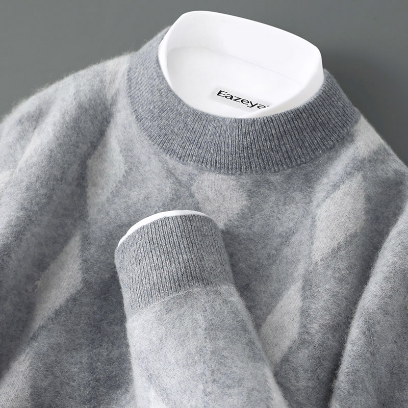 潮男大爱！男士羊绒衫半高领菱形提花毛衣宽松休闲撞色针织打底衫