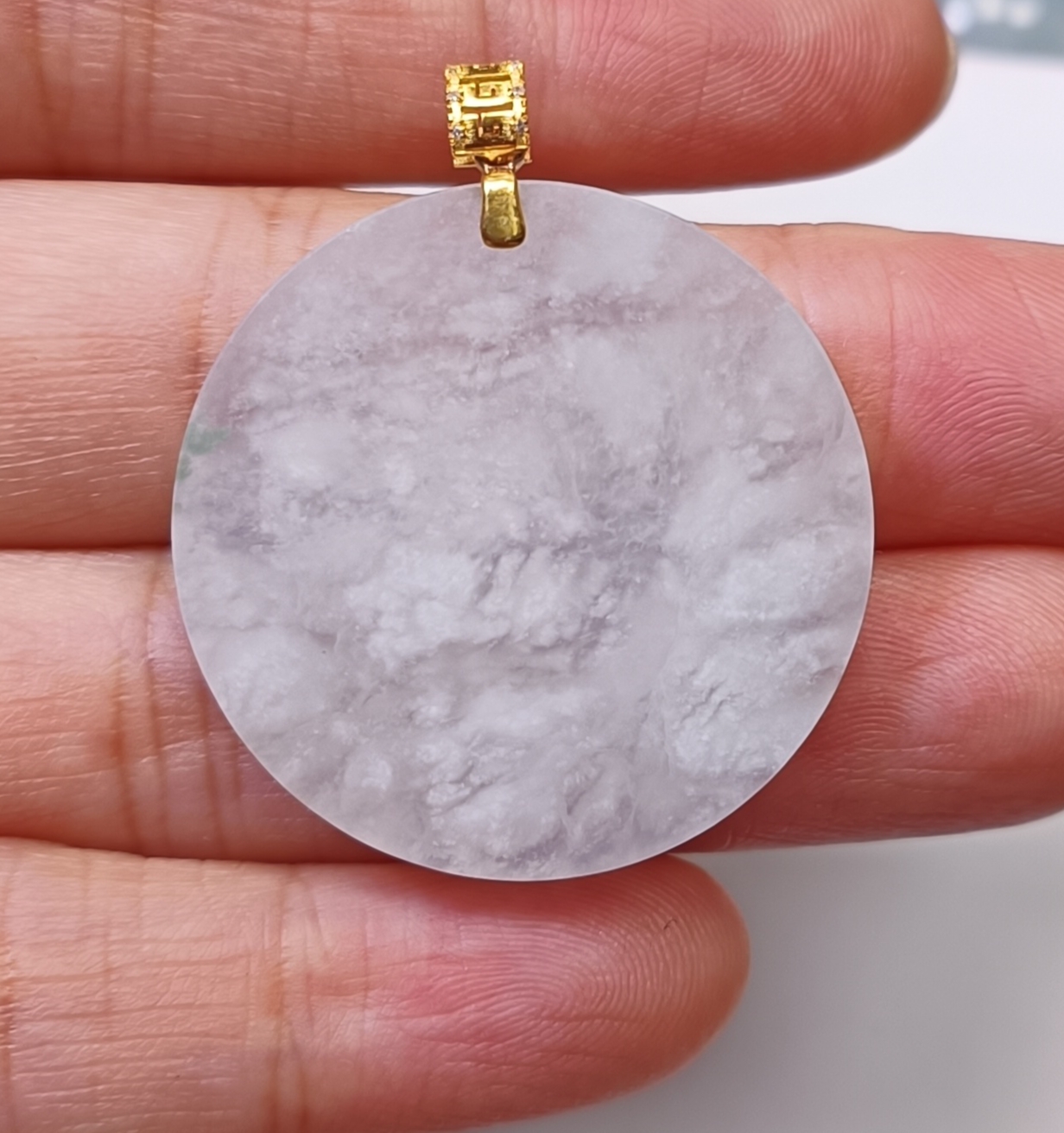 天然缅甸翡翠a货18k金镶嵌雪花棉无事牌吊坠