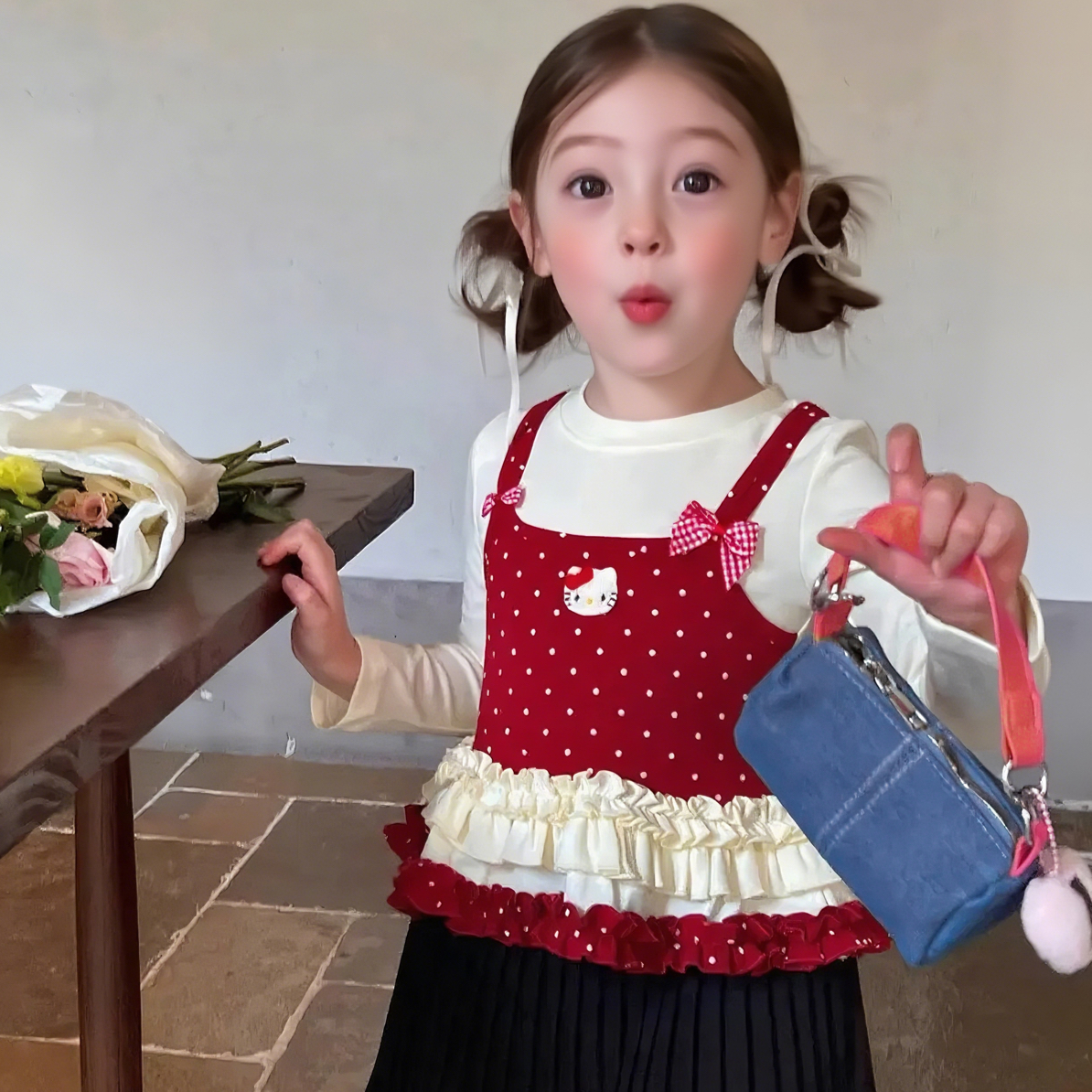 2025童装女童红色假两件T恤秋季新款儿童女宝波点花边上衣