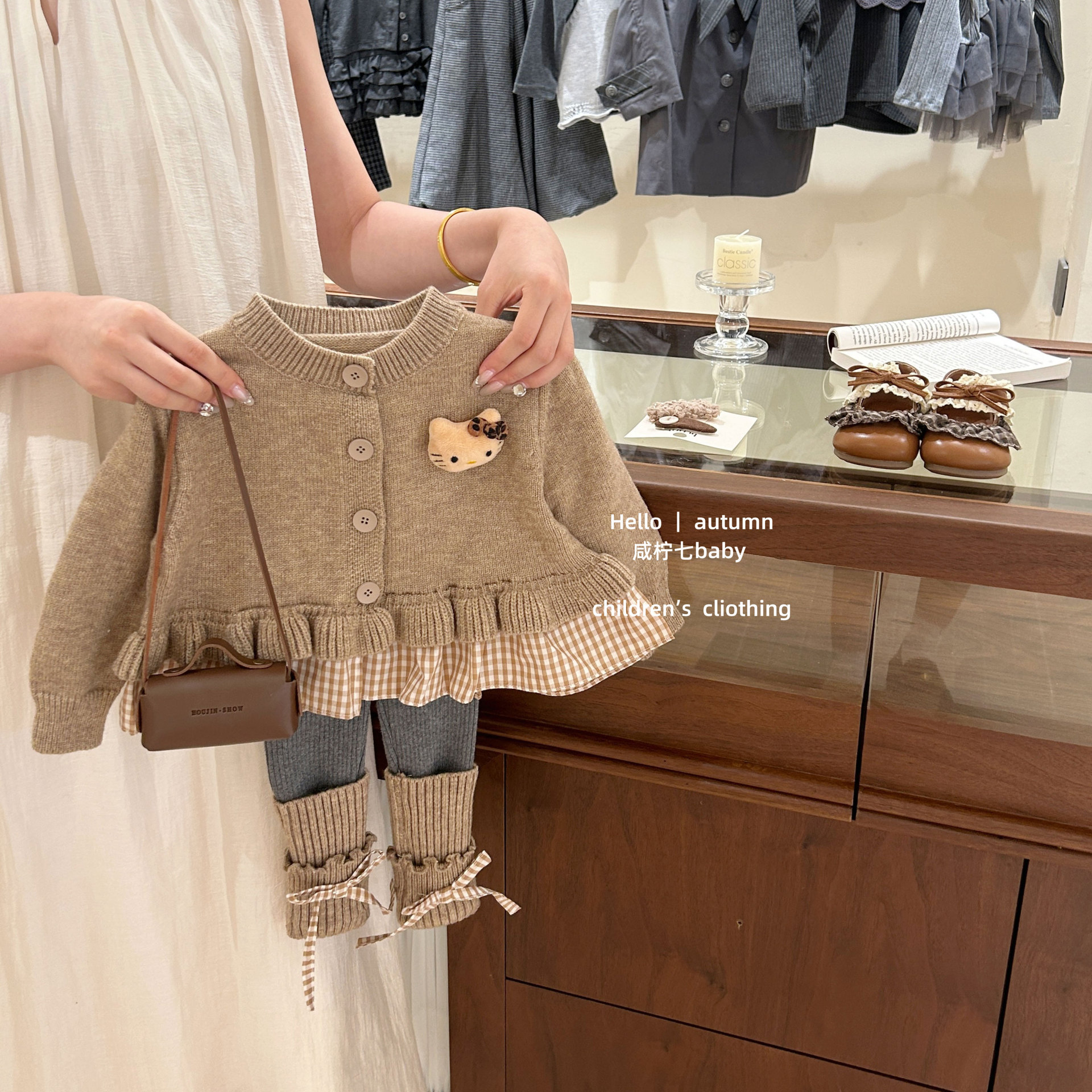 原创女童秋季蝴蝶结针织衫套装儿童韩版甜美格子毛衣时尚洋气