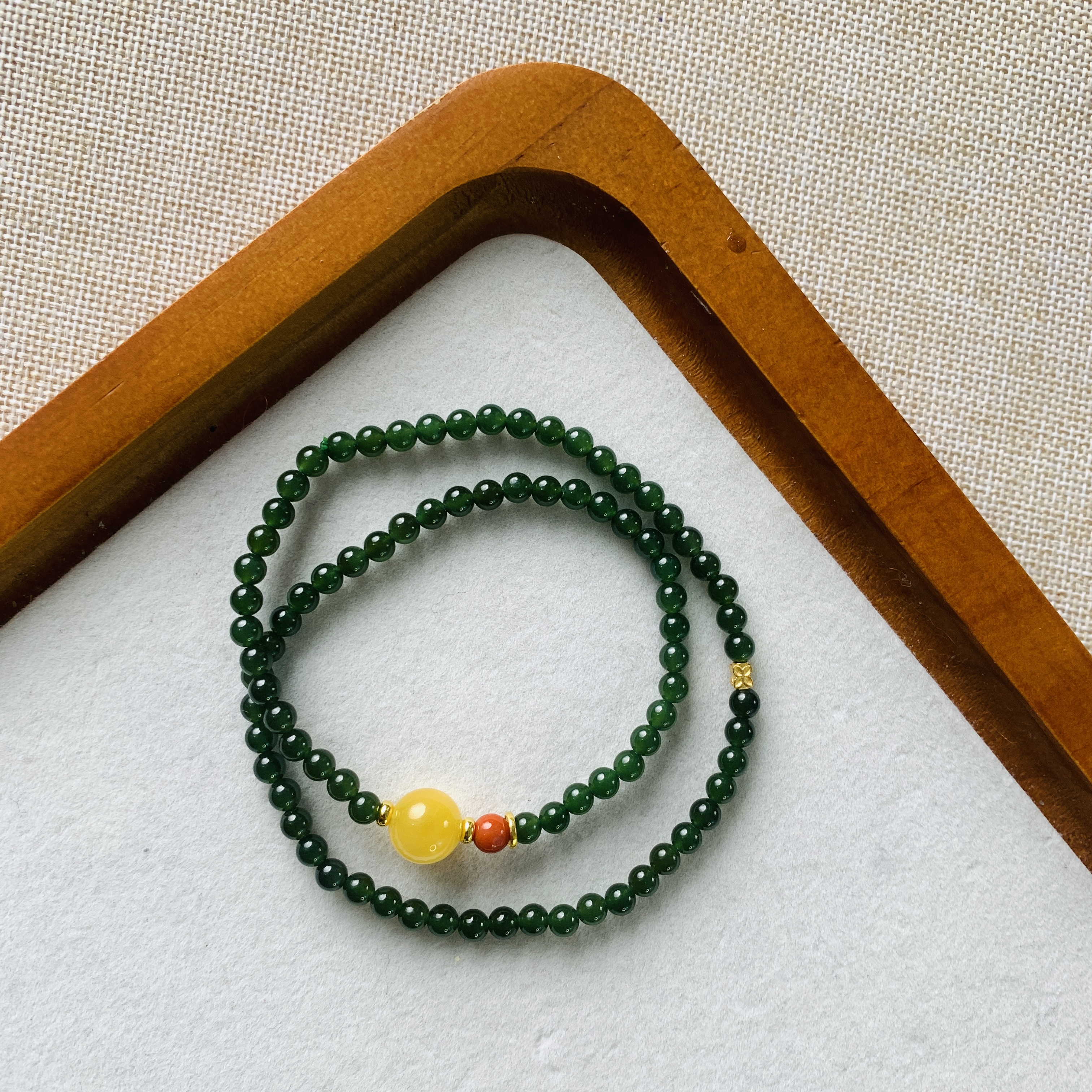 丽秀坊和田玉碧玉菠菜绿双圈手串精致时尚百搭款多样性发货