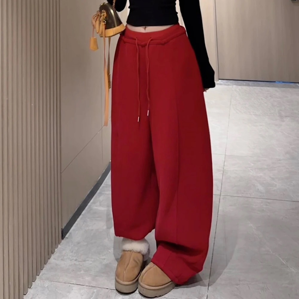 秋冬新款加绒高腰宽松垂感显瘦阔腿女裤