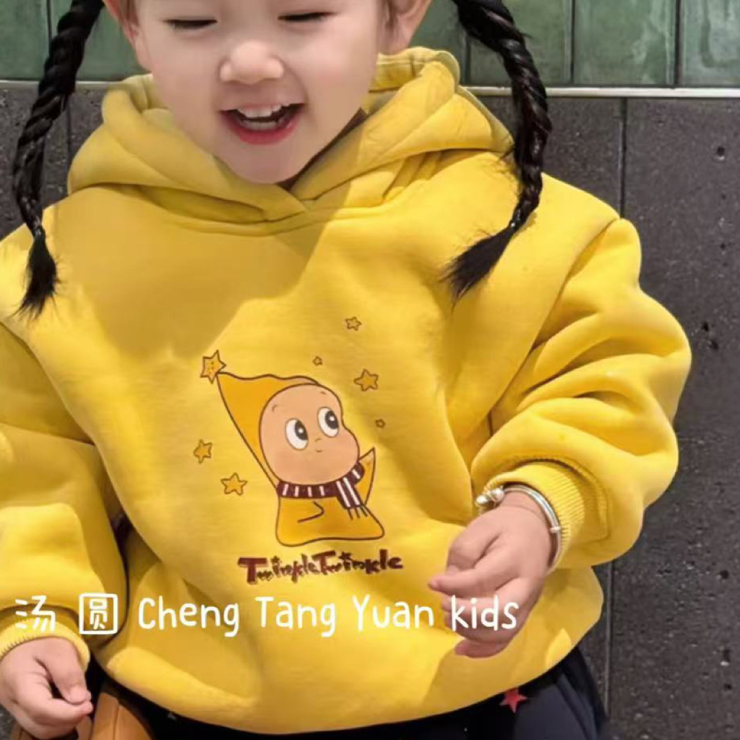 秋冬韩系星星人男女童加绒保暖连帽卫衣套装