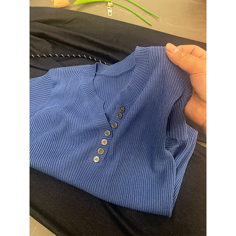「风染的蓝」半开领纽扣短袖针织衫夏季新款时尚百搭显瘦上衣-2913