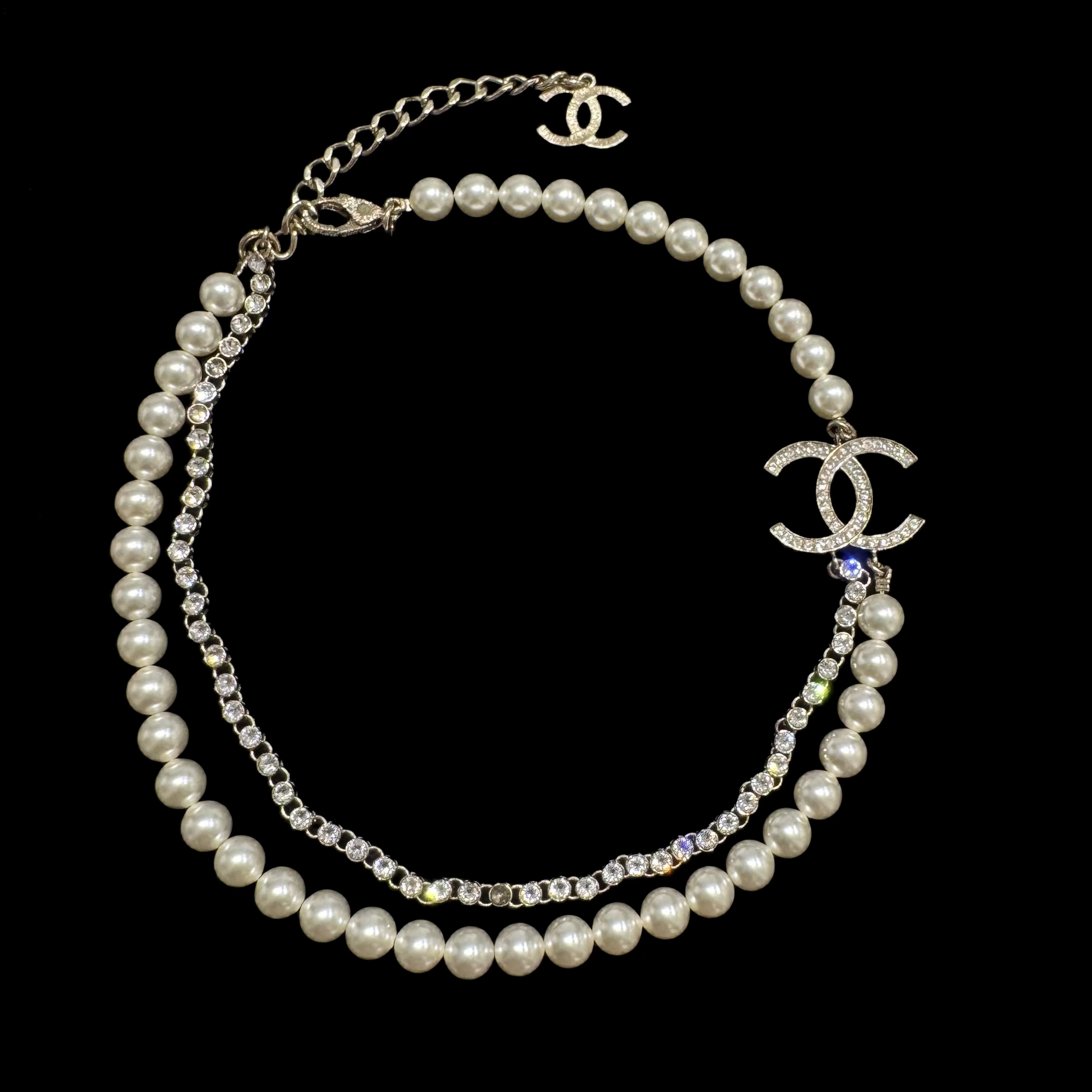 95新 Chanel/香奈儿 22v金色双层珍珠水钻双c项链 84813828
