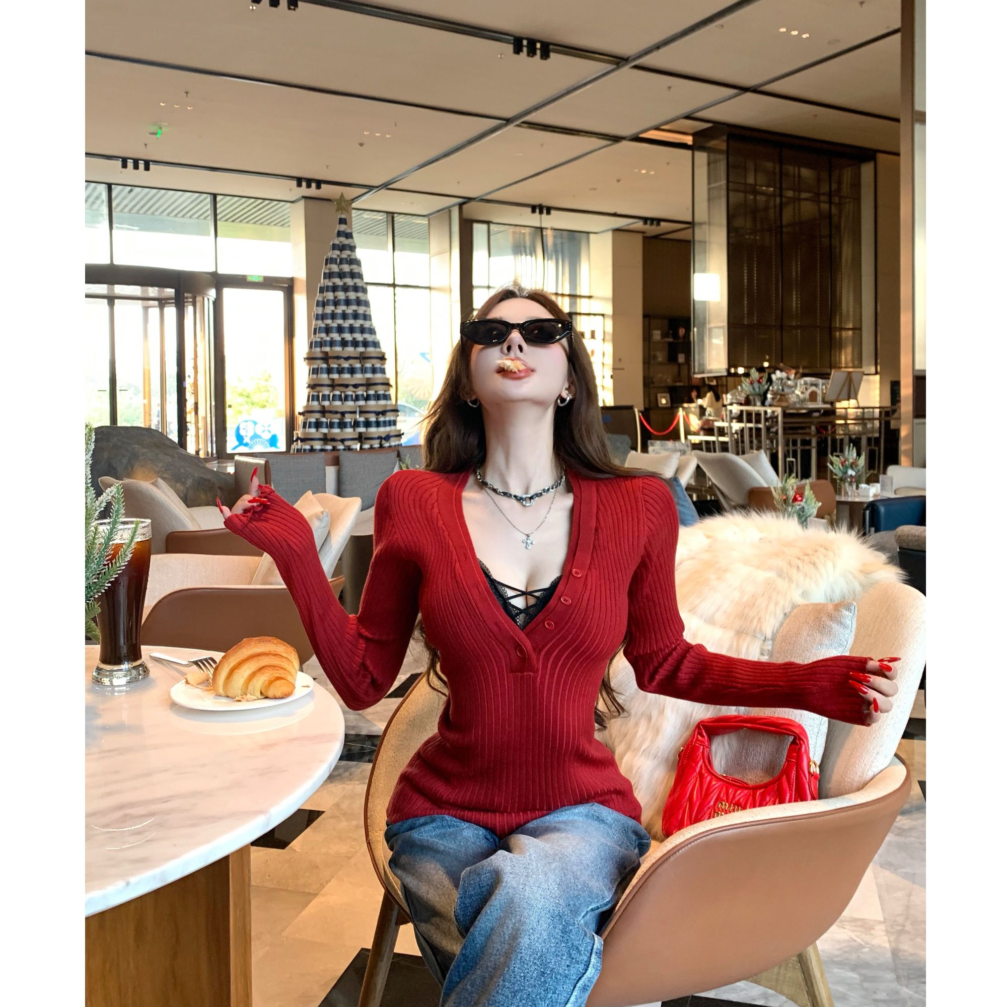 【流量密码】氛围感穿搭v领针织长袖女真两件套半开扣显瘦修身上衣