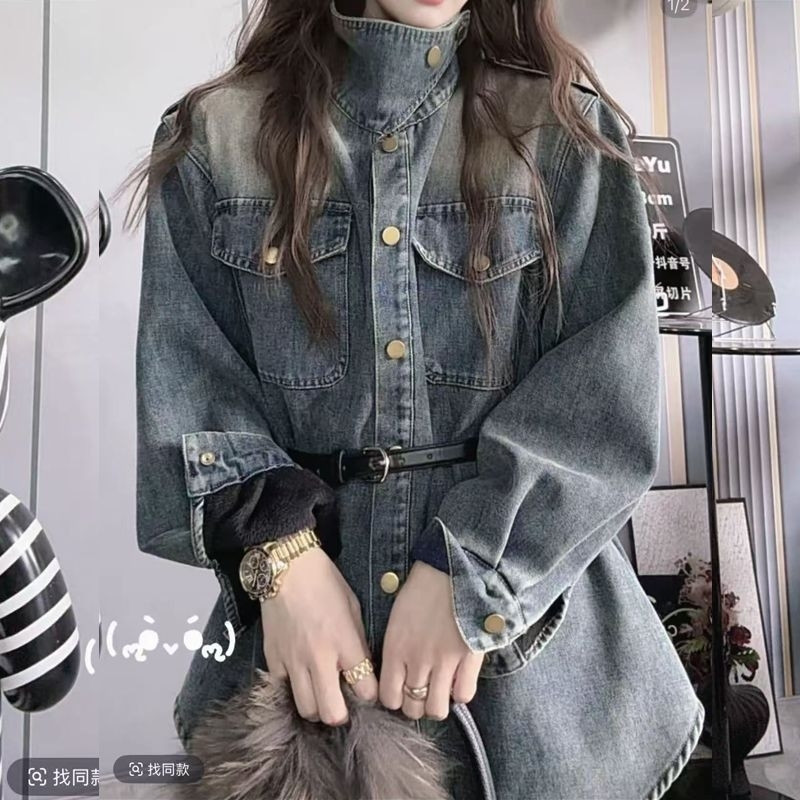 美式古立领牛仔衬衫外套女2025冬加绒打底衫衬衣宽松大码遮肉上衣