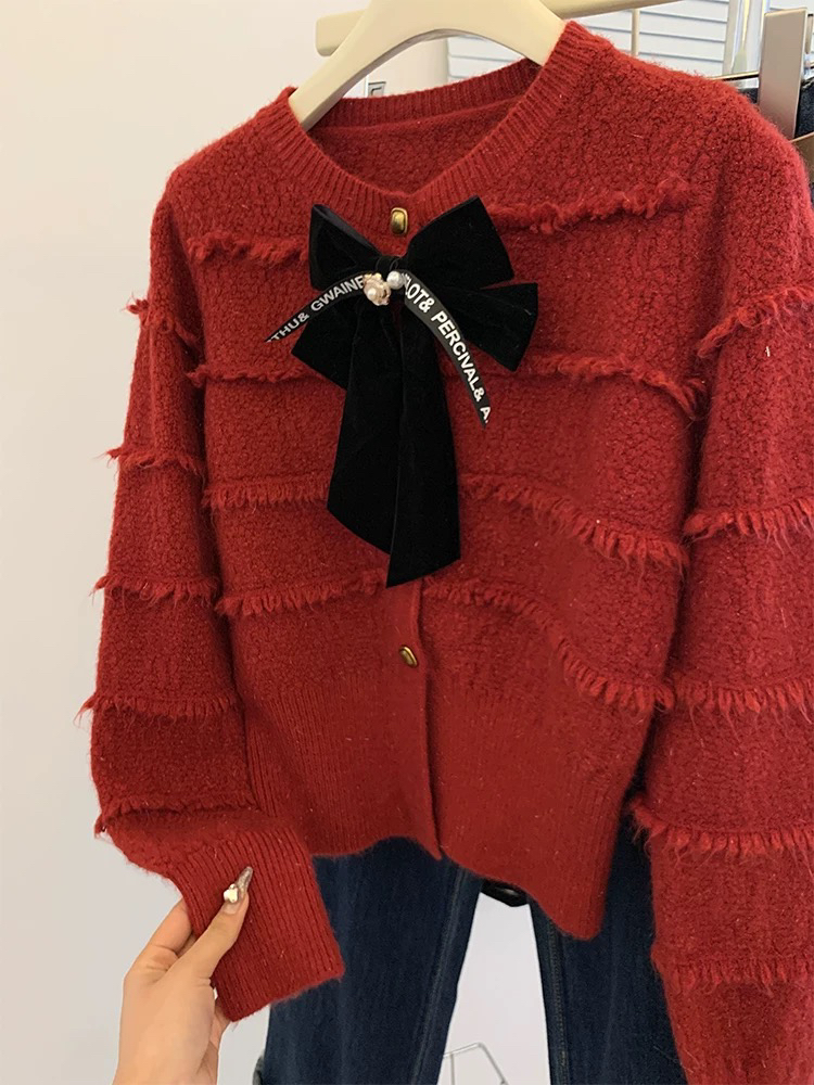 小香风气质蝴蝶款针织外套小众时尚百搭红色