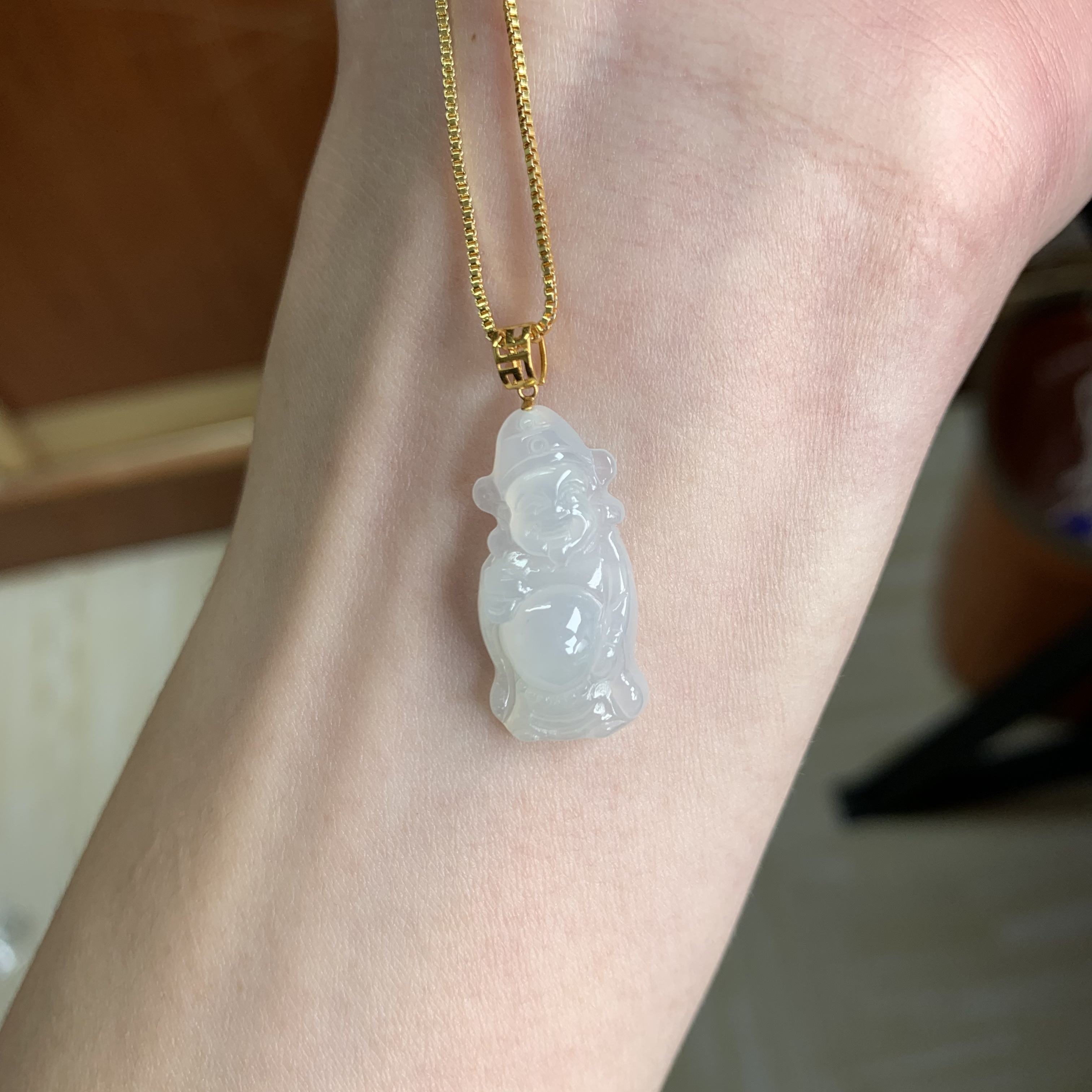 天然缅甸翡翠A货 18k金镶嵌扣头 冰润财爷爷雕刻气质（不含链）