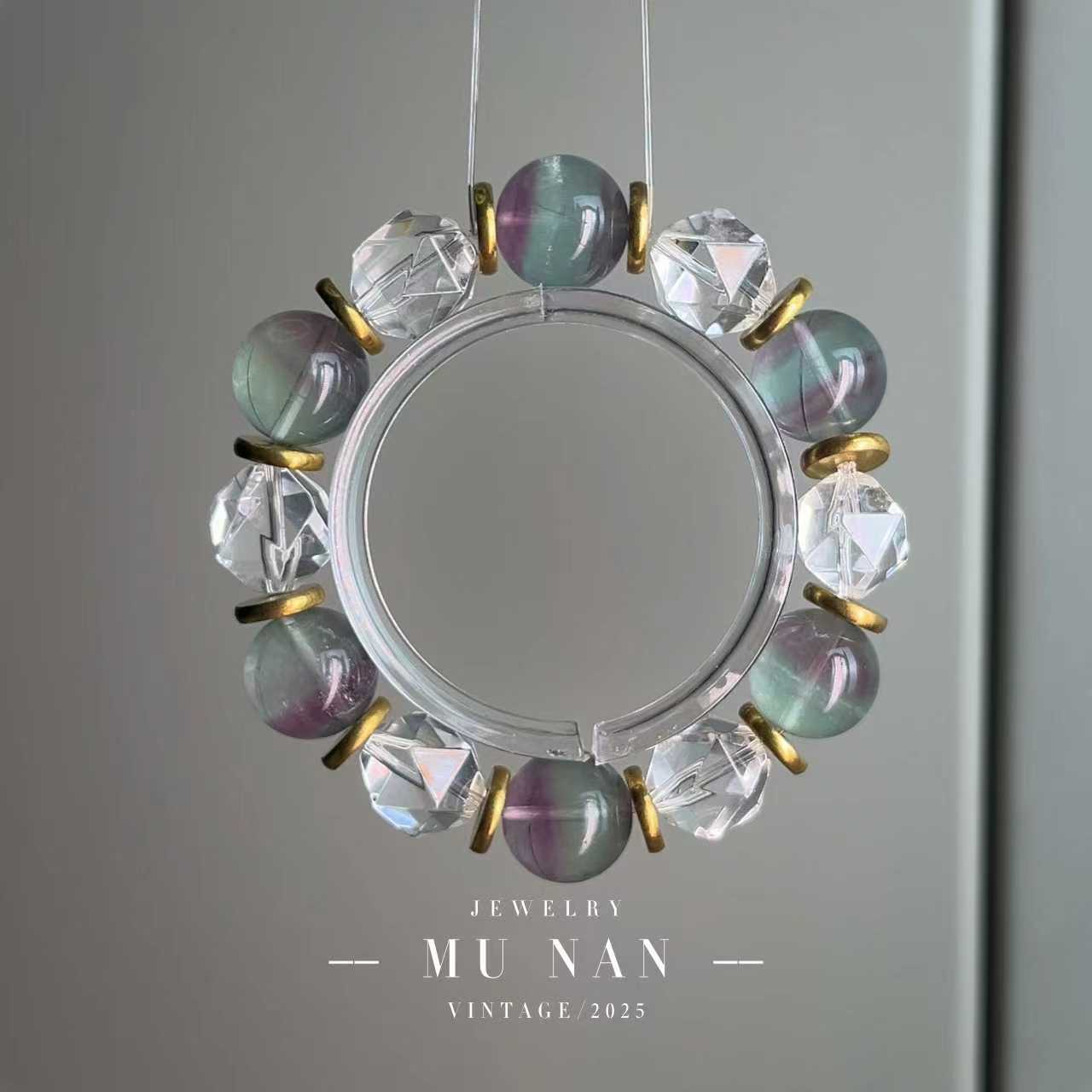 天然双色萤石＋切面天然白水晶手串（多样性发其一）