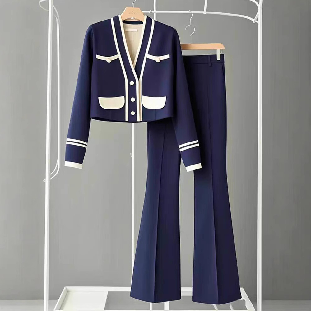 8587年秋出席重要场合高级感气质时尚名媛蓝色外套裤子套装