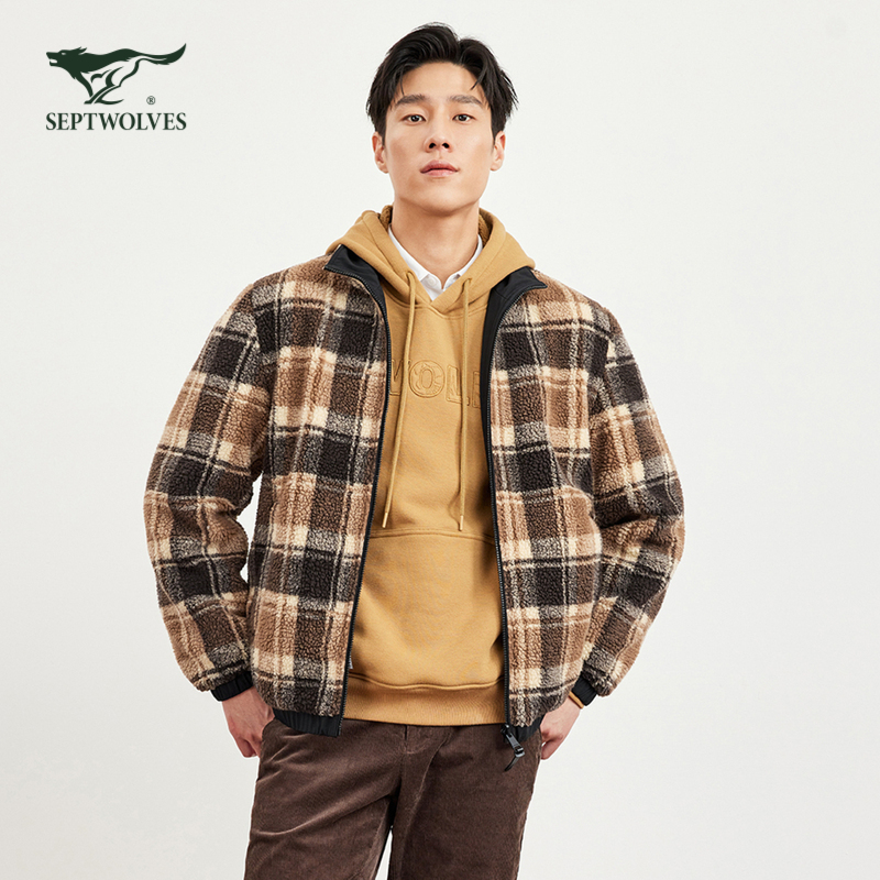 七匹狼男士立领毛呢格纹双面夹克2025新款经典休闲时尚保暖外套