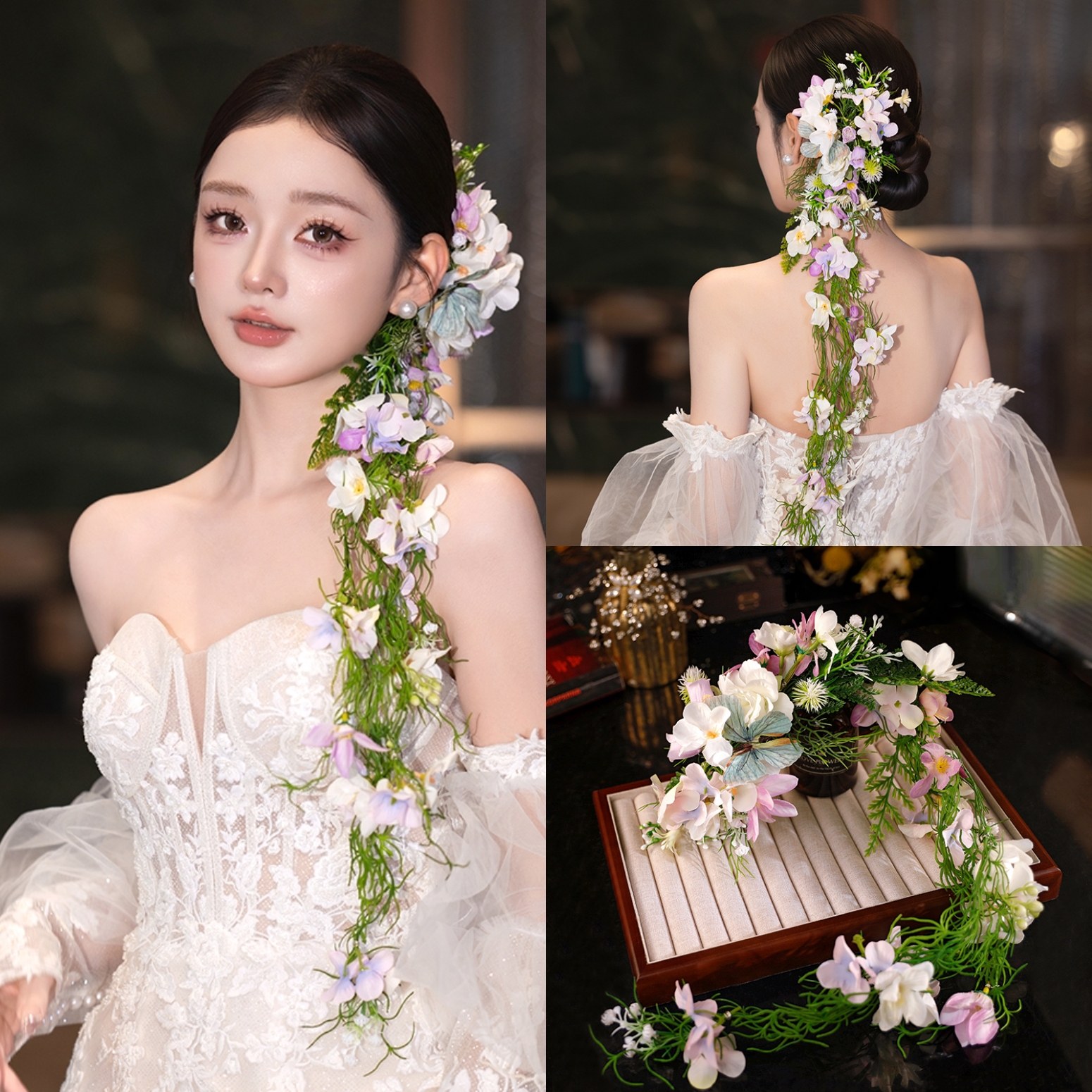 S323新娘头饰复古简约森系气质拖尾结婚皇冠白色公主风超仙发饰