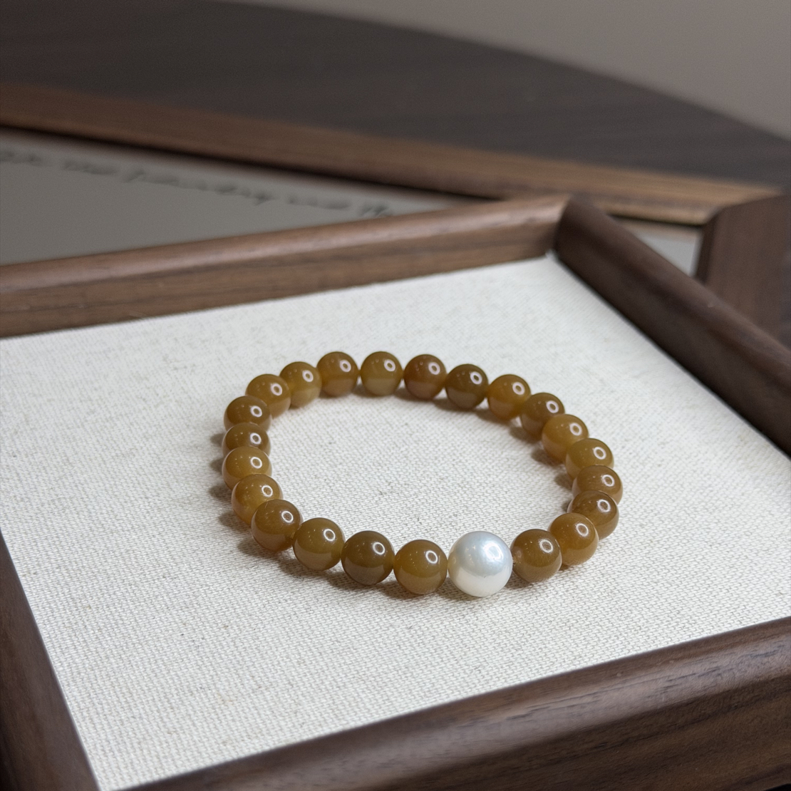 【玉笙金山】和田玉糖料手串且末金山糖配爱迪生珍珠手串8mmL1356