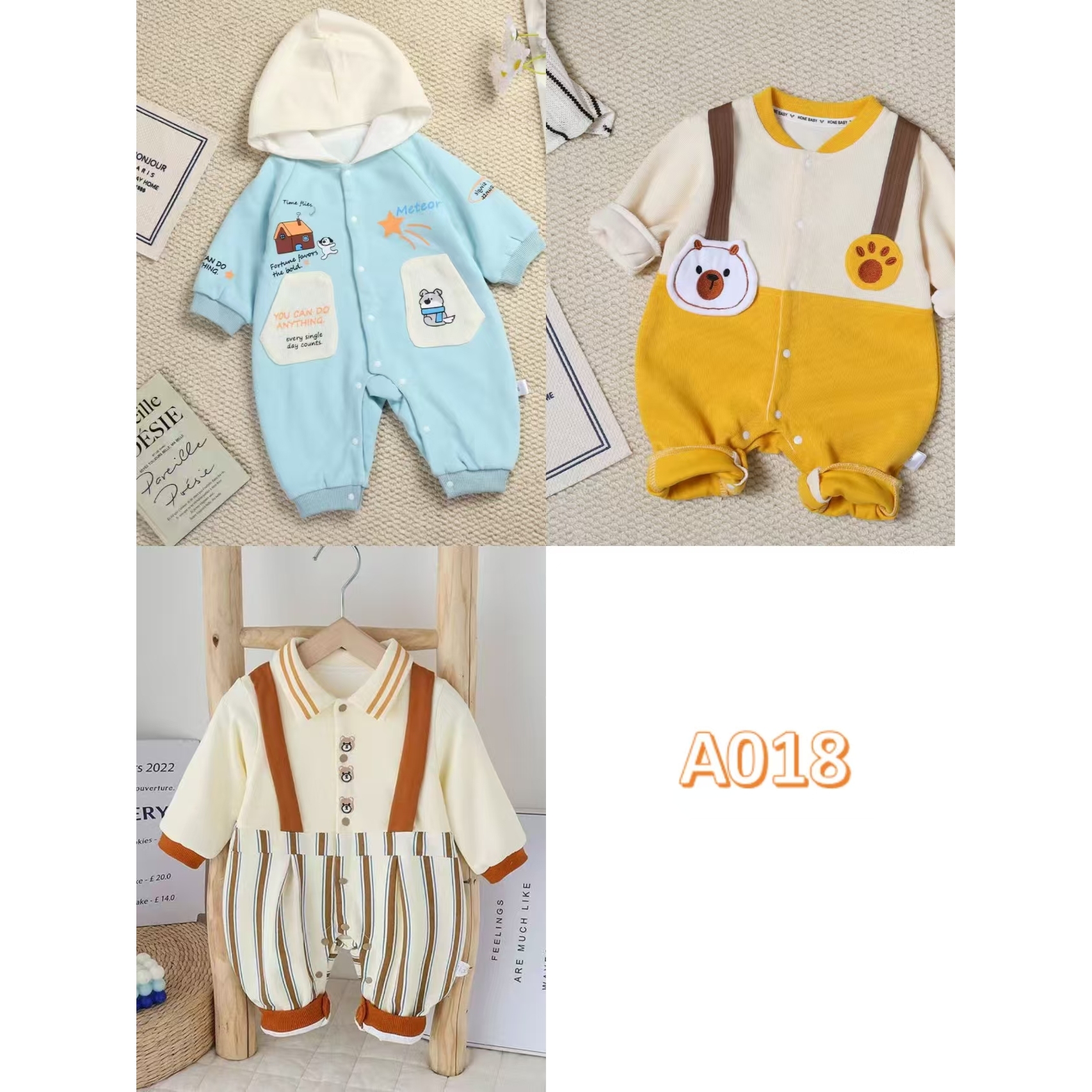 【A018】新款宝宝春秋季连体衣长袖婴幼儿哈衣爬服组合外出服洋气