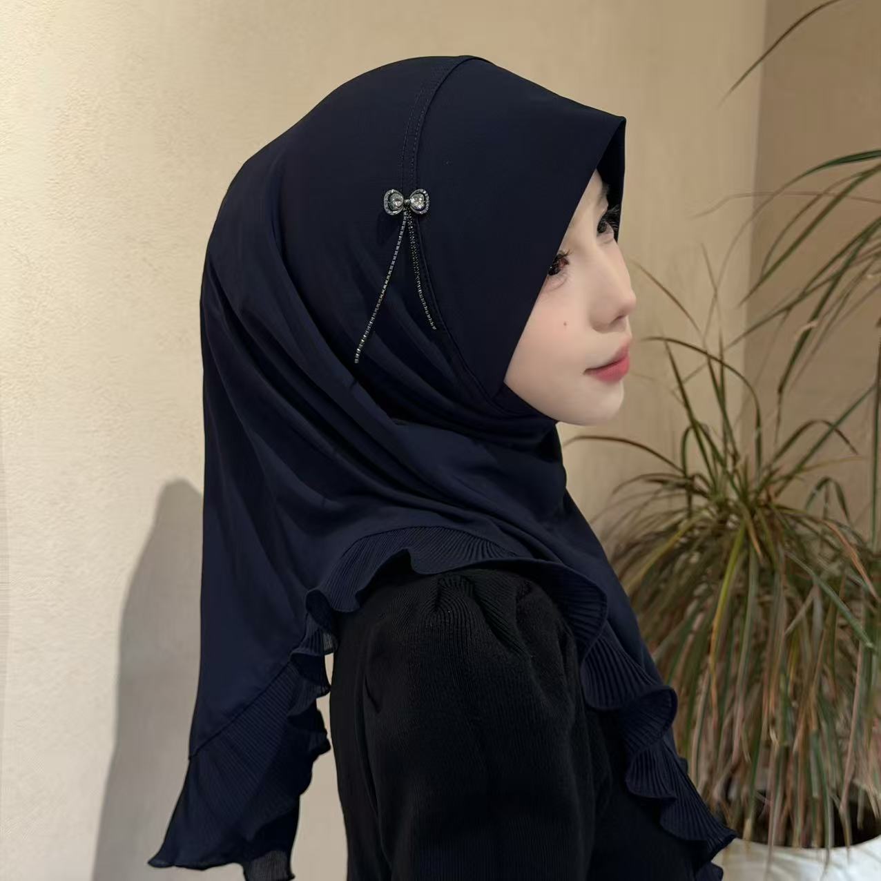 柯儿·MY117简约蝴蝶结荷叶边套头纱巾