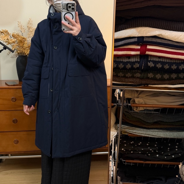 see U自制日系冬季保暖连帽加棉加厚长款棉衣外套 宽松百搭中长款