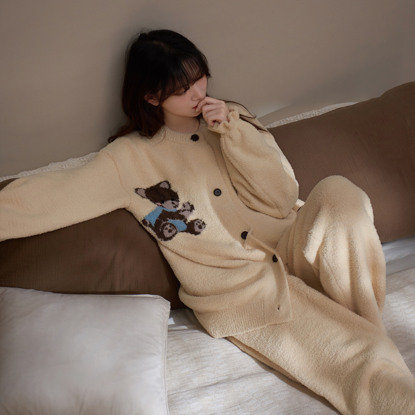 马克公主小熊半边绒睡衣女秋冬加厚开衫卡通保暖珊瑚绒家居服外穿