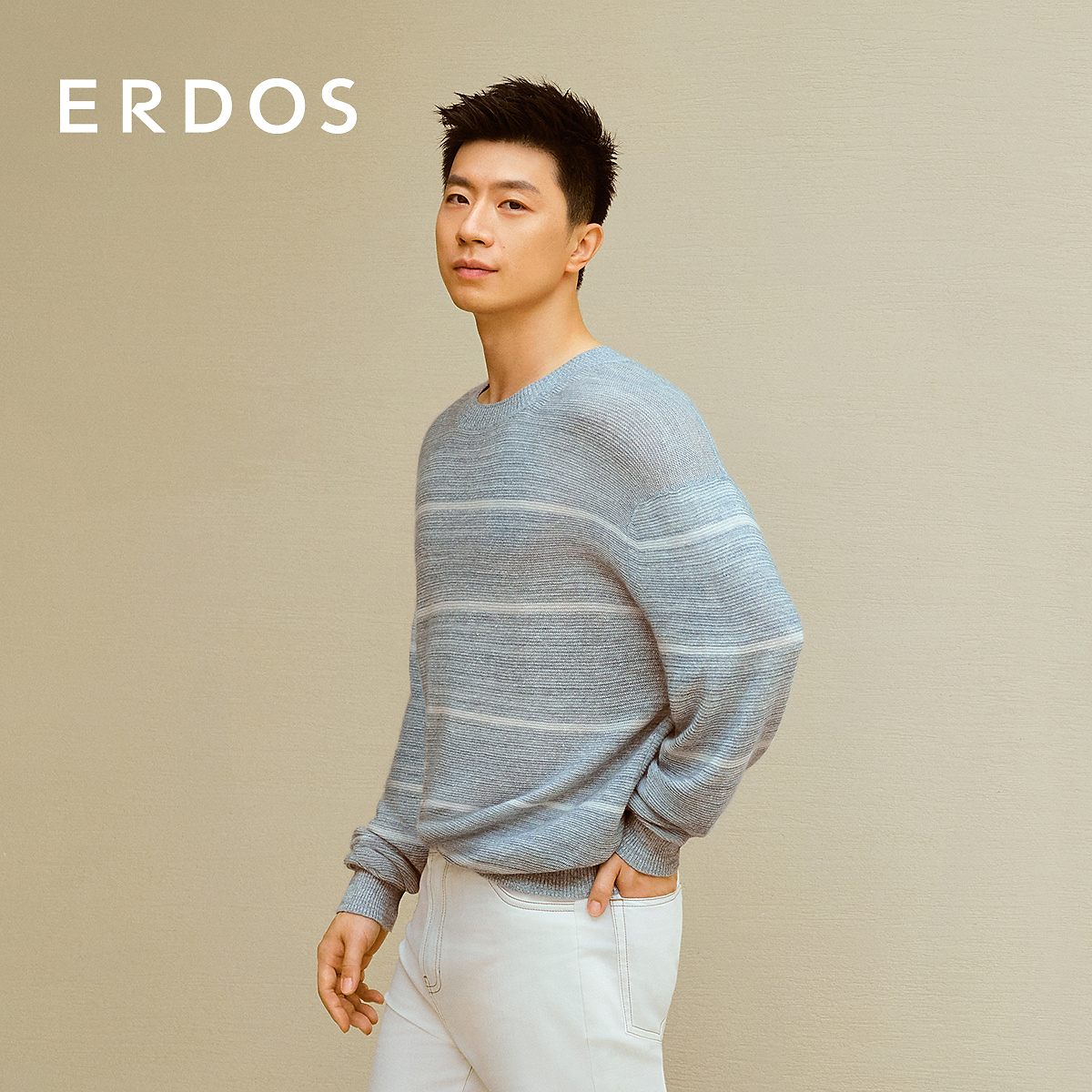 ERDOS男装精纺圆领翻花毛衣条纹针织衫宽松休闲