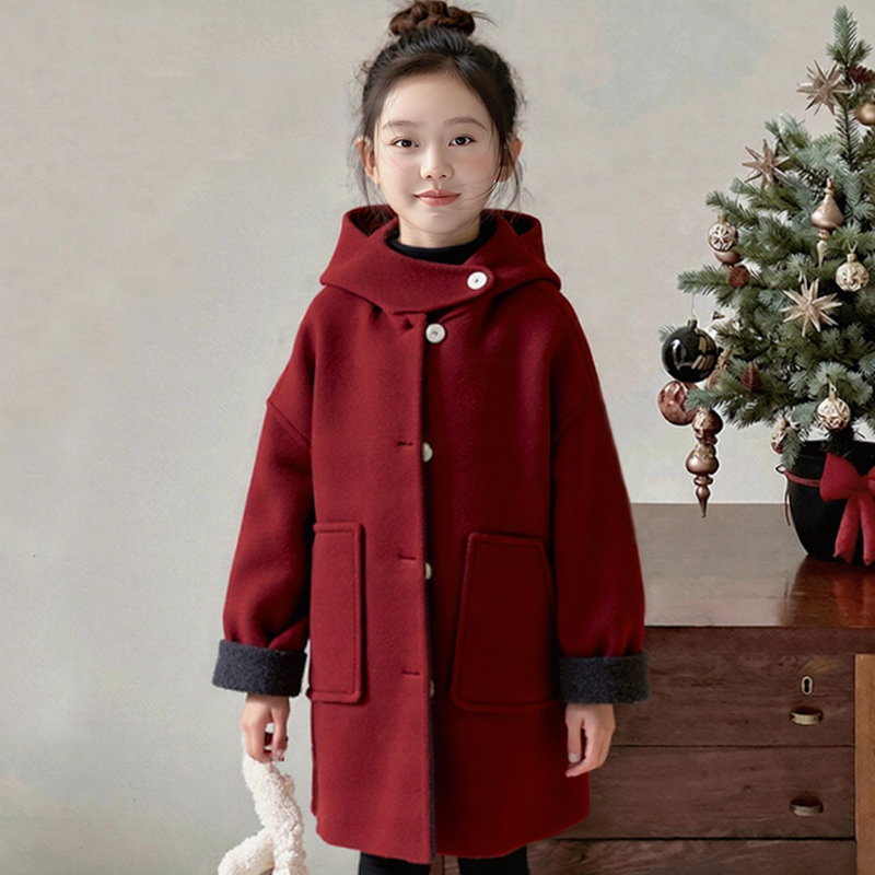 【嘻嘻柚】女童新年双面穿呢子大衣2025冬季连帽加厚中长款拜年服潮