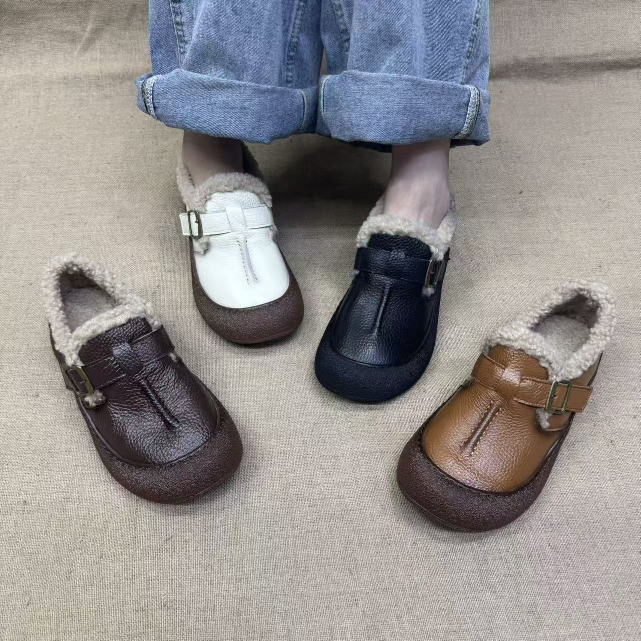 21165圆头秋冬季一脚蹬平底女鞋休闲复古百搭通用小皮鞋