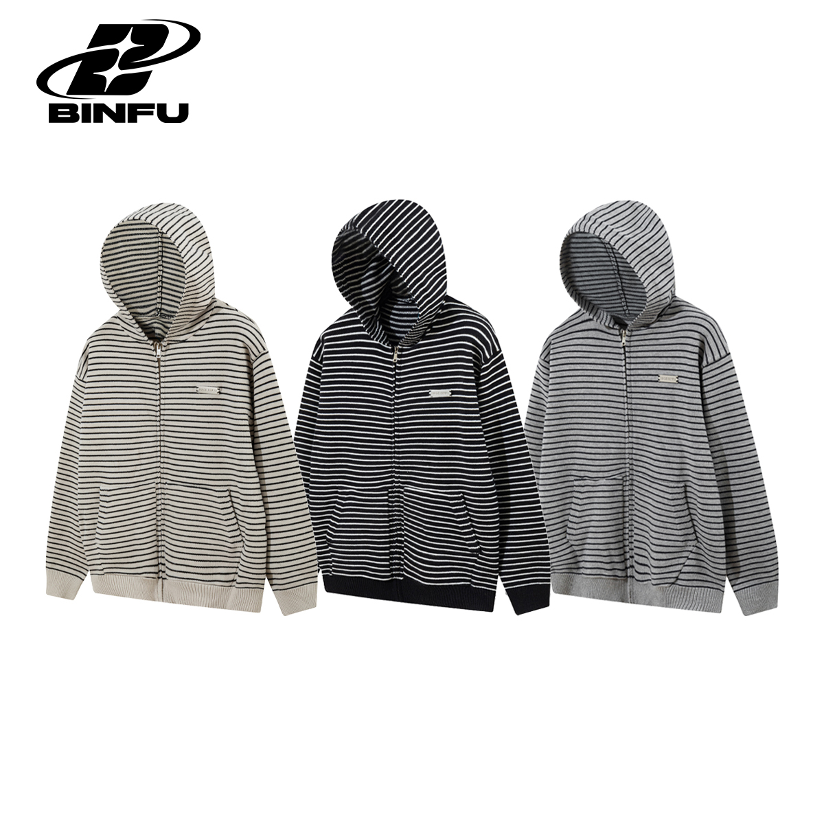 BINFU自制 秋装 男女同款情侣装条纹宽松拉链复古风连帽毛衣开衫