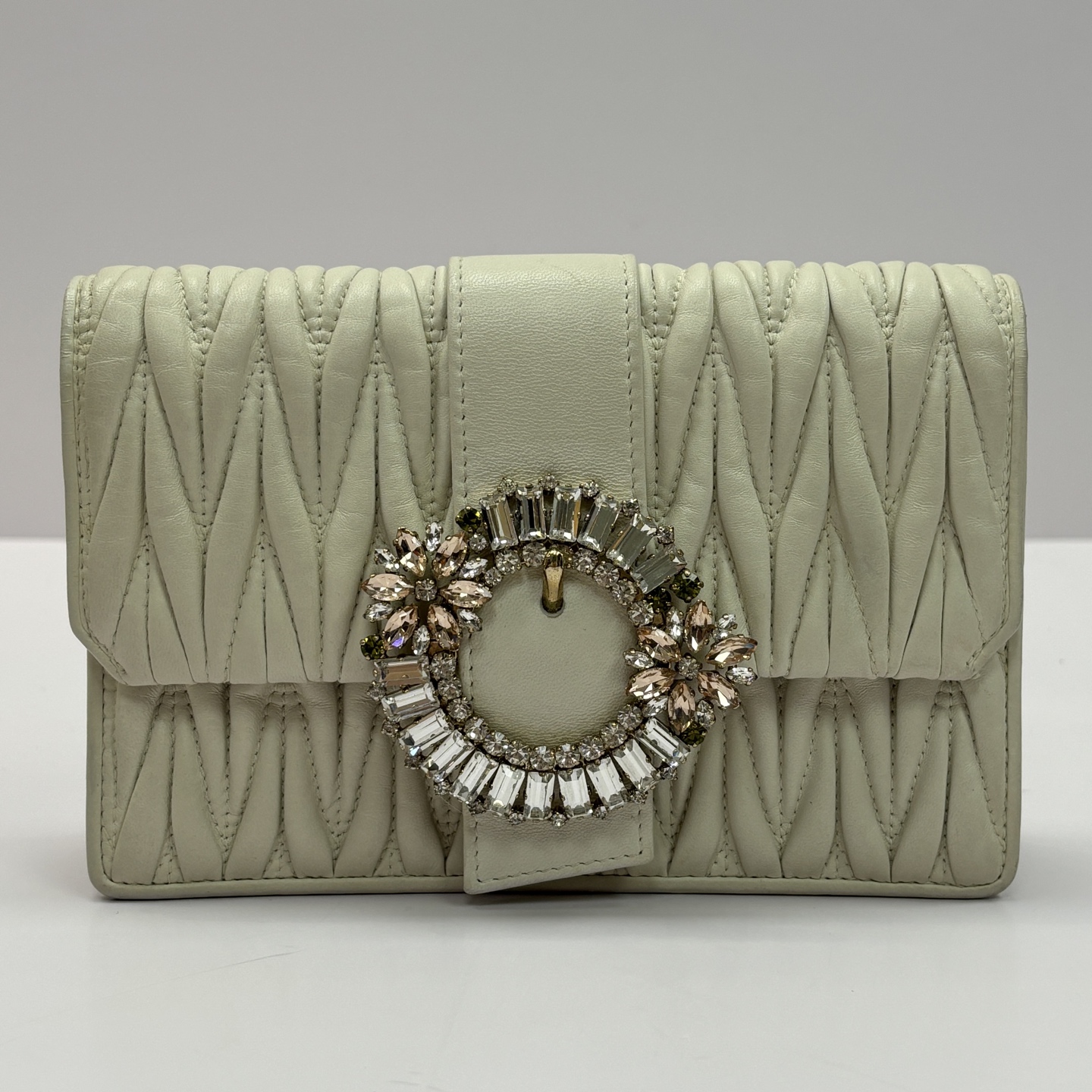 95新 MIU MIU/缪缪 白金太阳花褶皱水钻链条包 21560