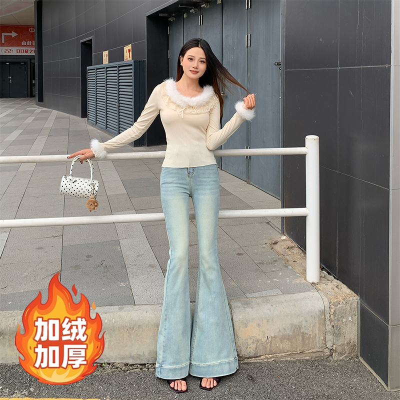 裤长110cm起-薄绒浅蓝高个子女生新款喇叭牛仔裤宽边裤脚大喇叭
