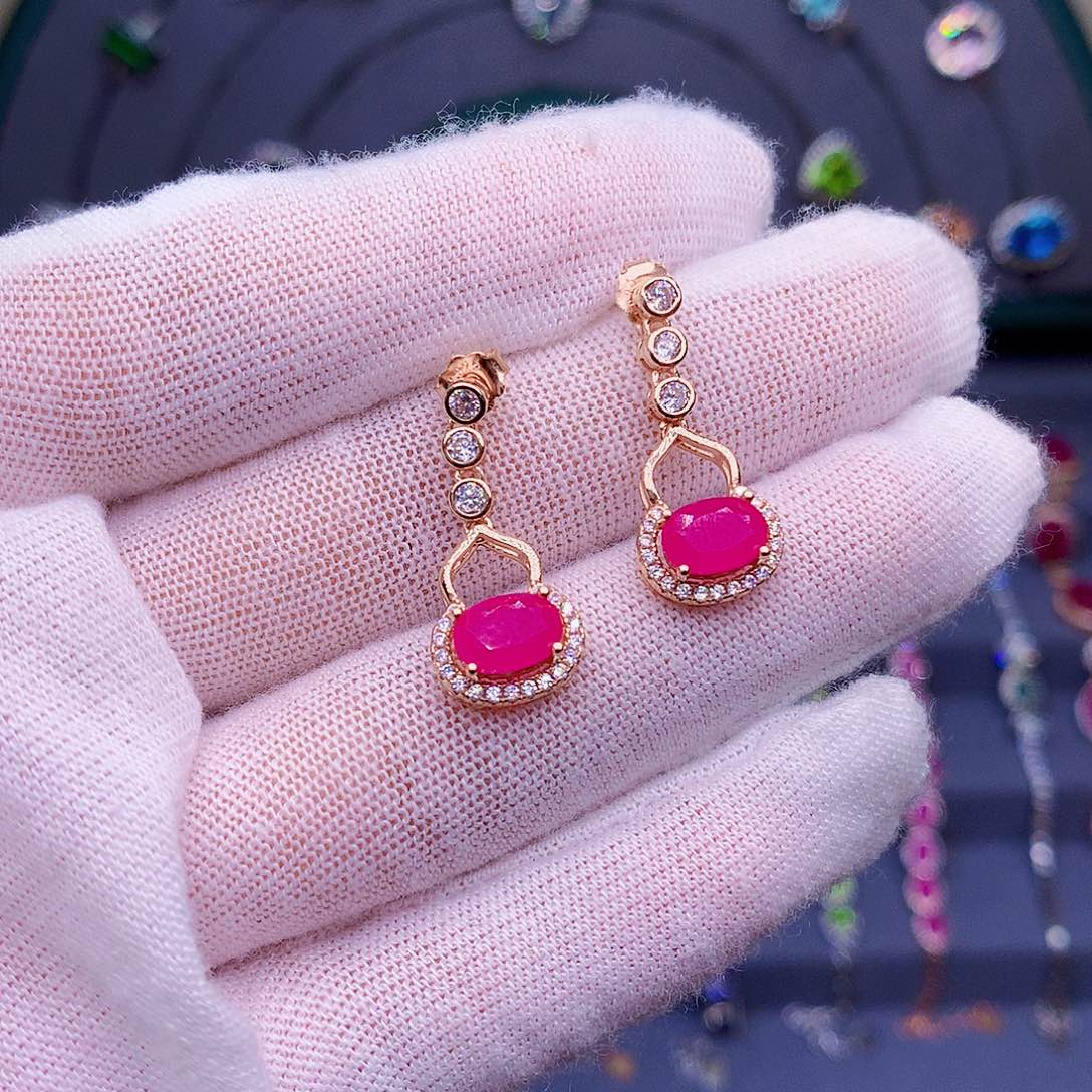 红宝石耳饰银S925镶嵌