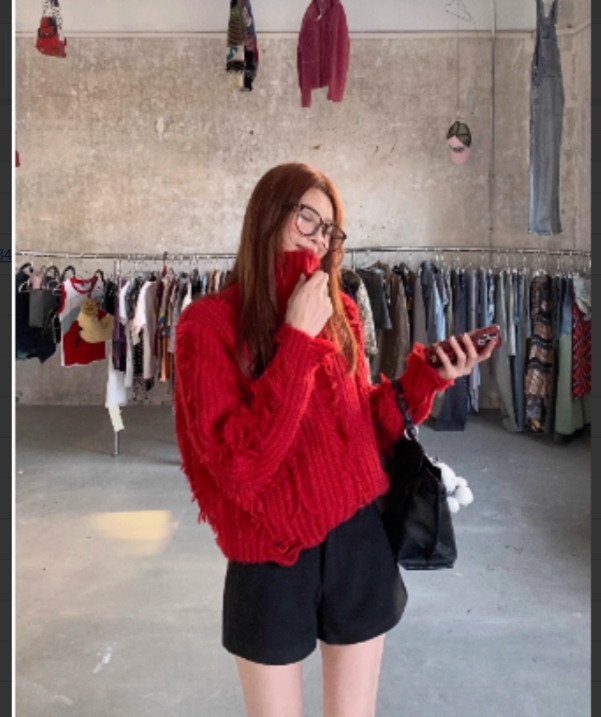 WSMY红色复古设计感破洞高领针织毛衣女秋冬加厚宽松上衣