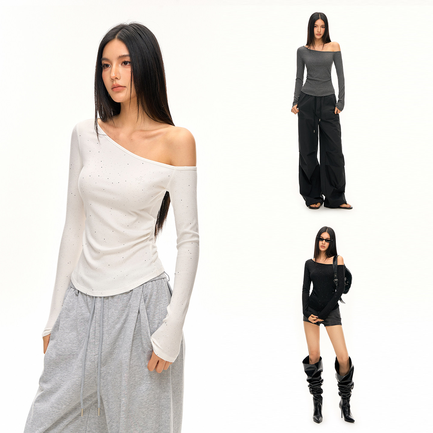 CLIMAX VISION亲肤弹力满天星烫钻不对称斜肩收腰抽褶长袖T恤