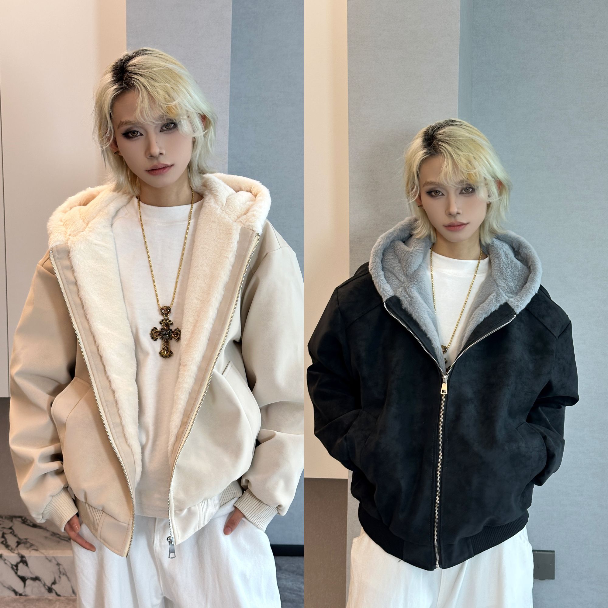 冬季加绒连帽pu皮夹克棉服美式廓形座山雕情侣保暖外套高级感棉衣