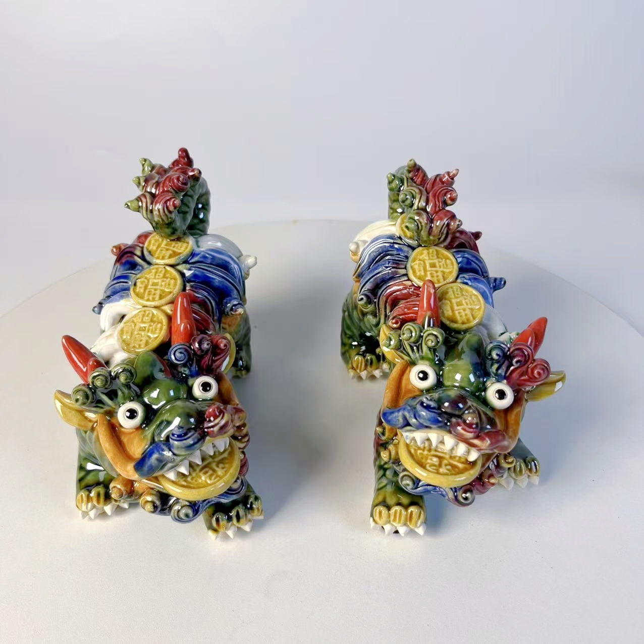 【彩麒麟】石湾公仔狮子陶瓷摆件彩绘彩色貔貅蓝色工艺品创意多尺寸