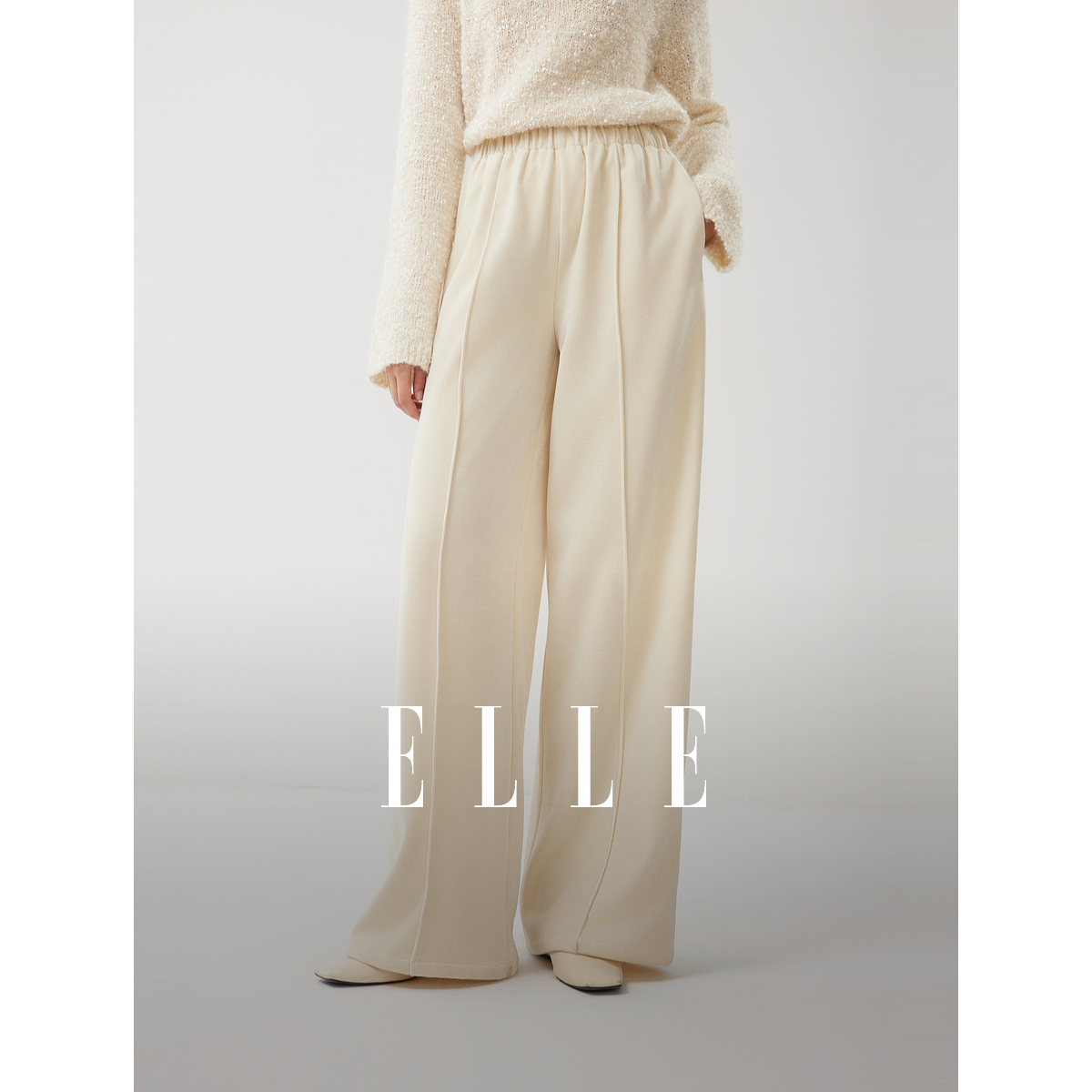 ELLE女装垂感磨毛针织休闲裤2025冬季新款通勤宽松阔腿裤EK53362
