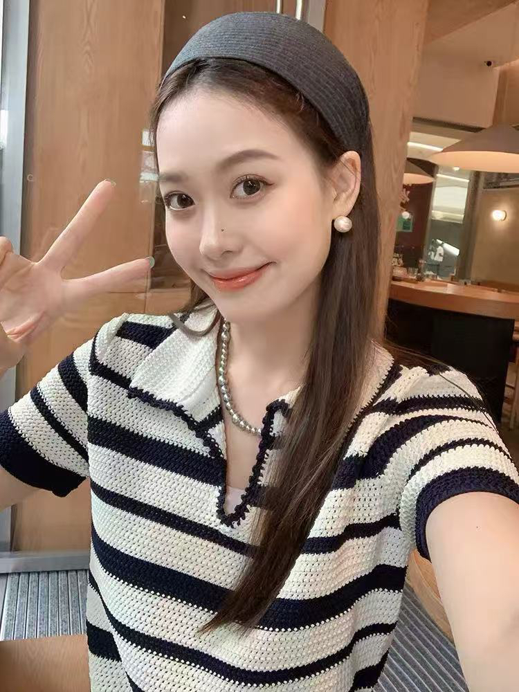 新品 条纹针织小衫 立体翻领polo短袖上衣女1053