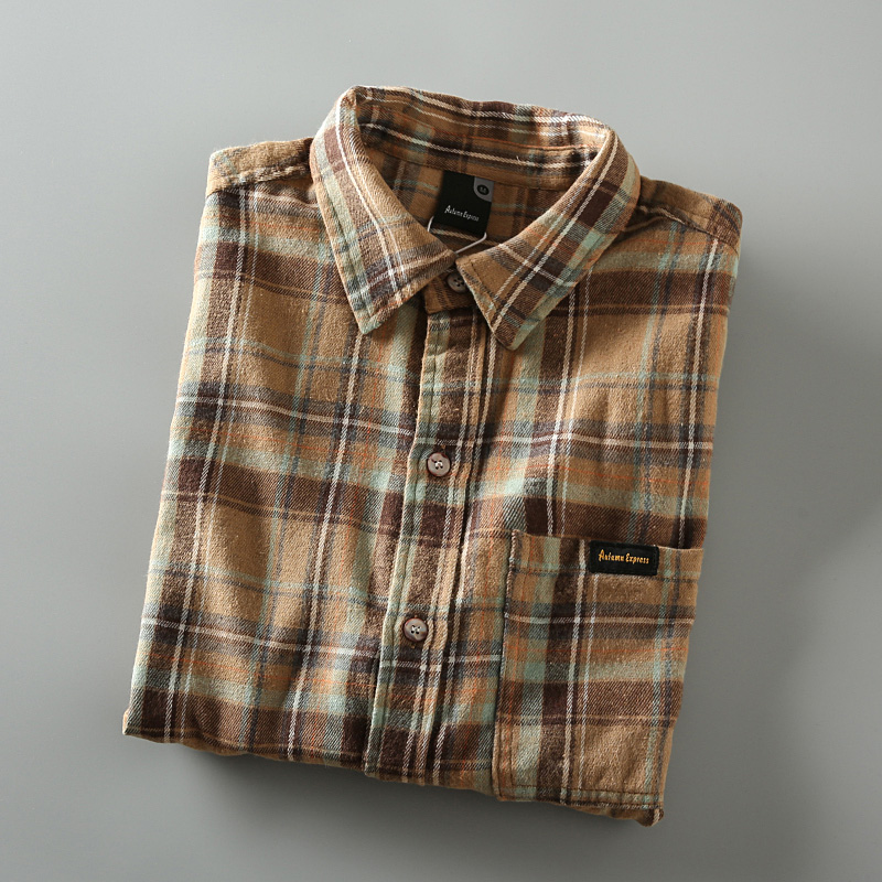 春秋新款时尚磨毛色织格子男士日系宽松休闲翻领长袖衬衫衬衣外套