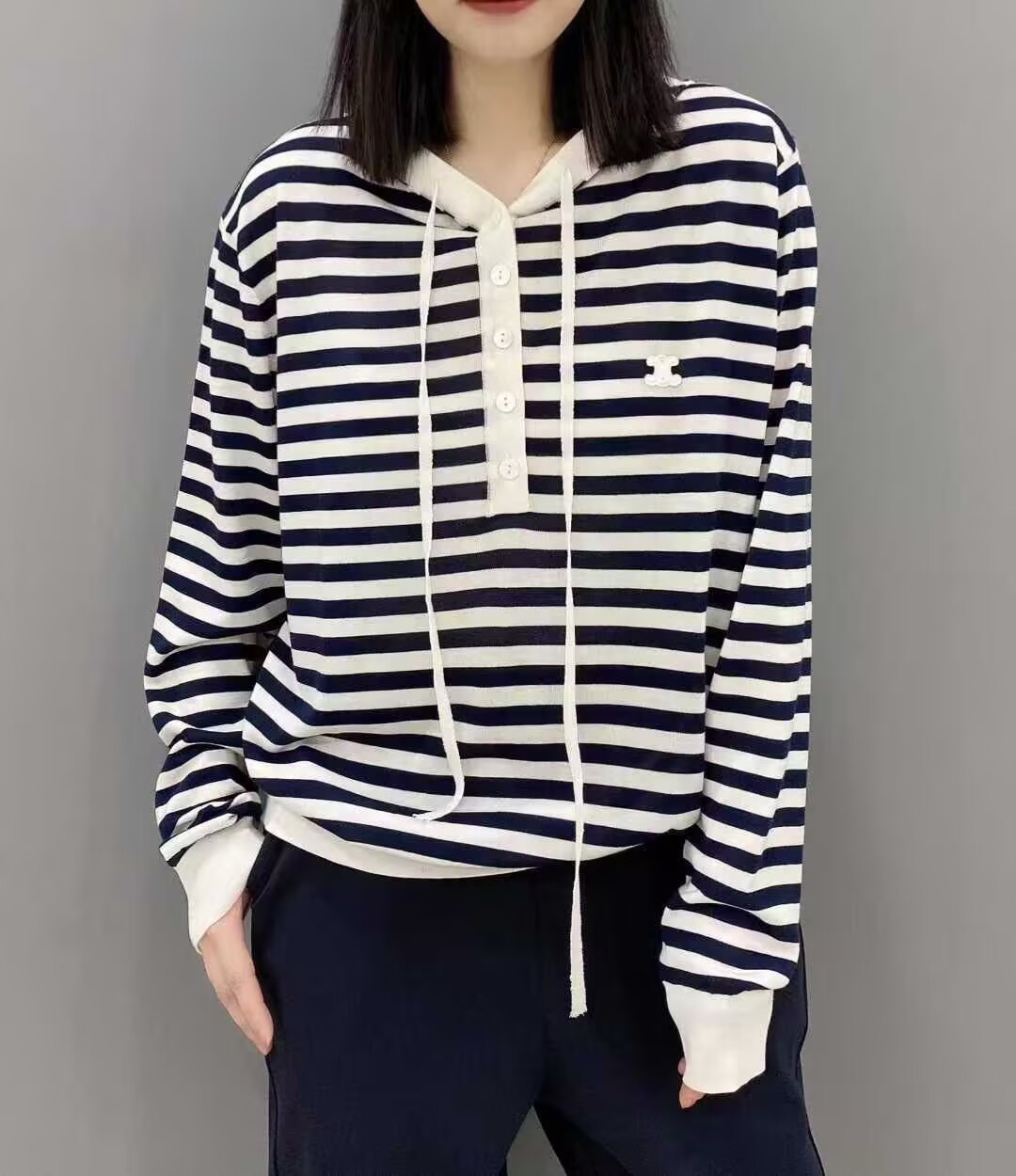 桑蚕丝条纹帽衫百搭秋冬连帽长袖时尚显瘦宽松套头针织衫T05