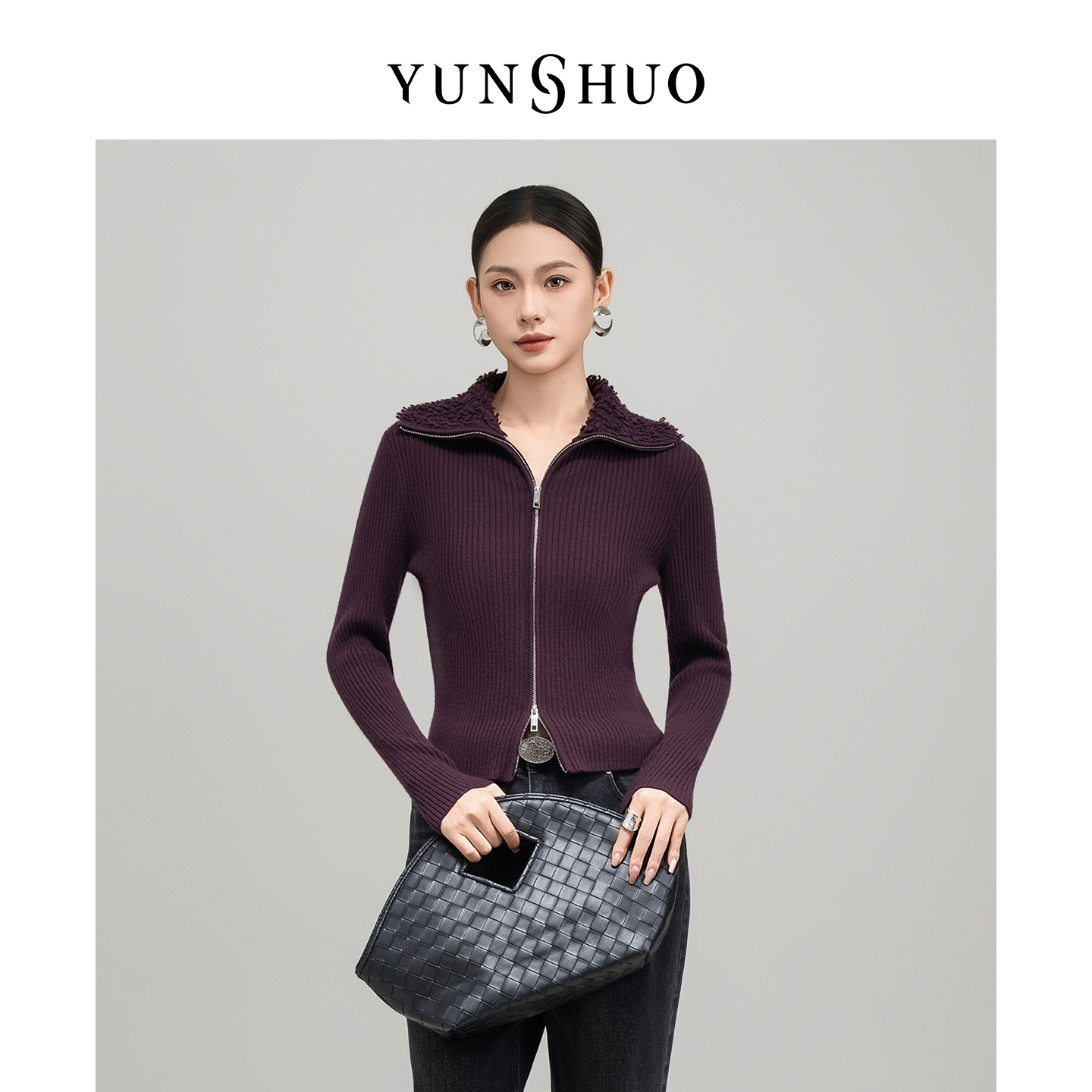 允硕新品时尚百搭针织休闲女装翻领拉链气质针织修身上衣729312