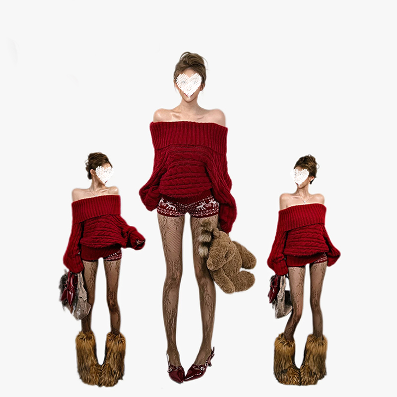 红色一字肩麻花毛衣套装女秋冬新款宽松慵懒百搭针织上衣