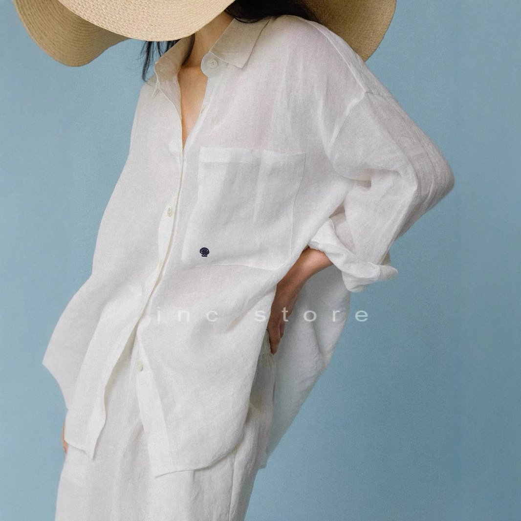 inc store 放空 白衬衫女上衣2024夏款长袖防晒休闲亚麻衬衣小衫