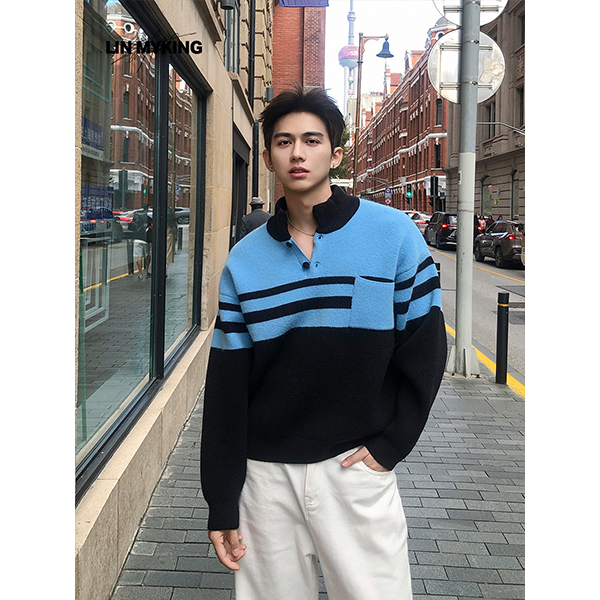 LIN MYKIN 冬季加厚小立领拼色宽松针织衫男款冬季美式毛衣