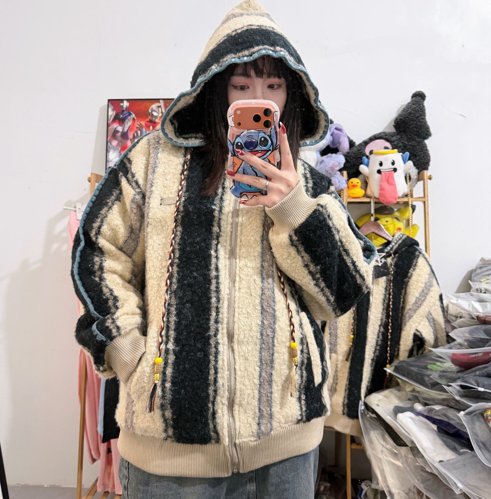 美式复古条纹圈圈纱羊羔毛保暖夹棉厚外套